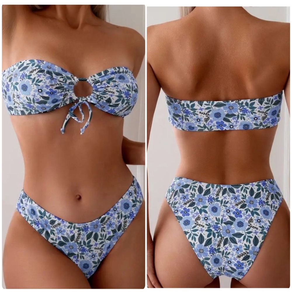 Blue Floral Bandeau Bikini Set